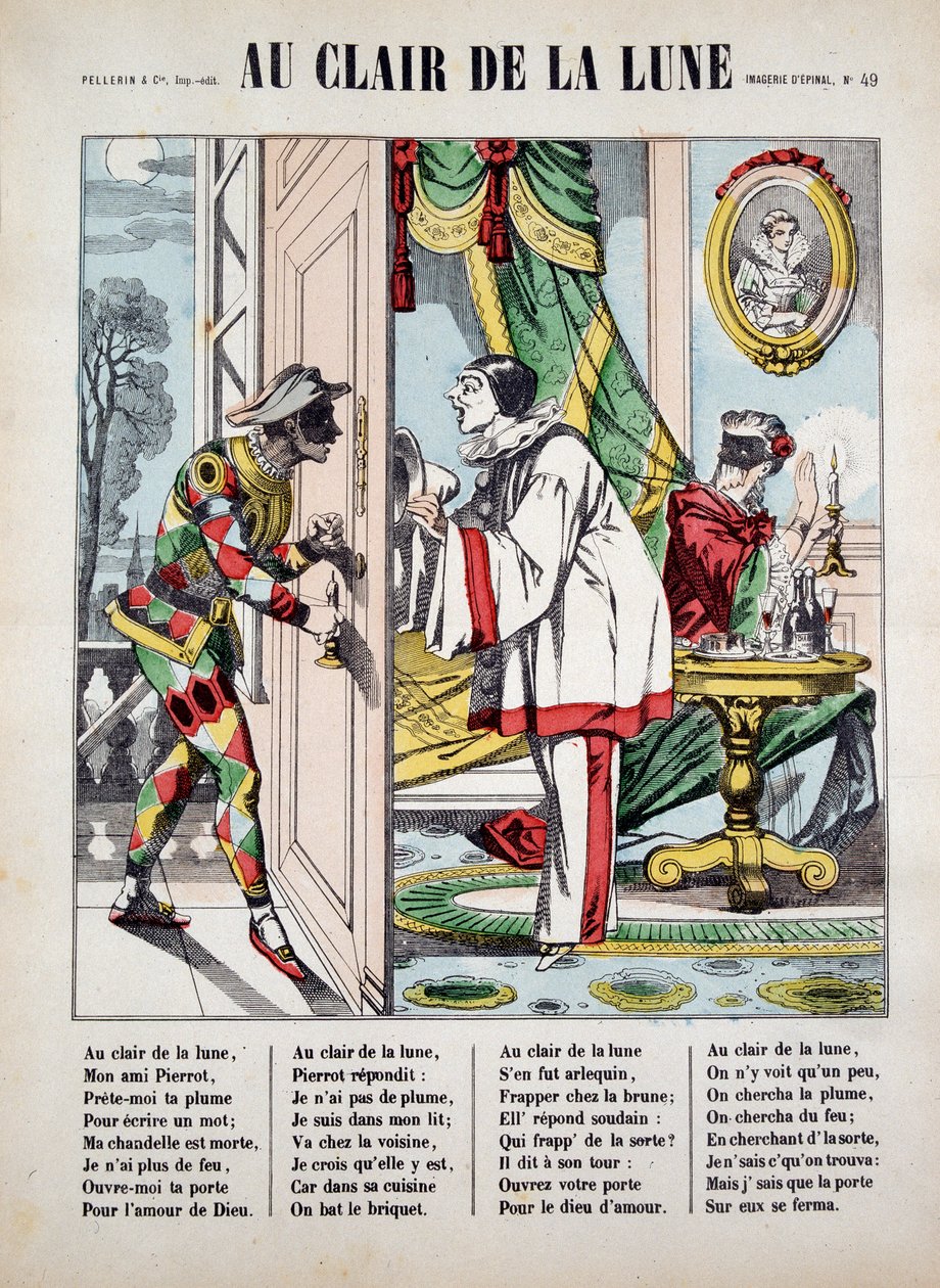 Pierrot, Arlekin i sąsiad, chory. utworu „Au clair de la lune”, wizerunek Epinal autorstwa French School