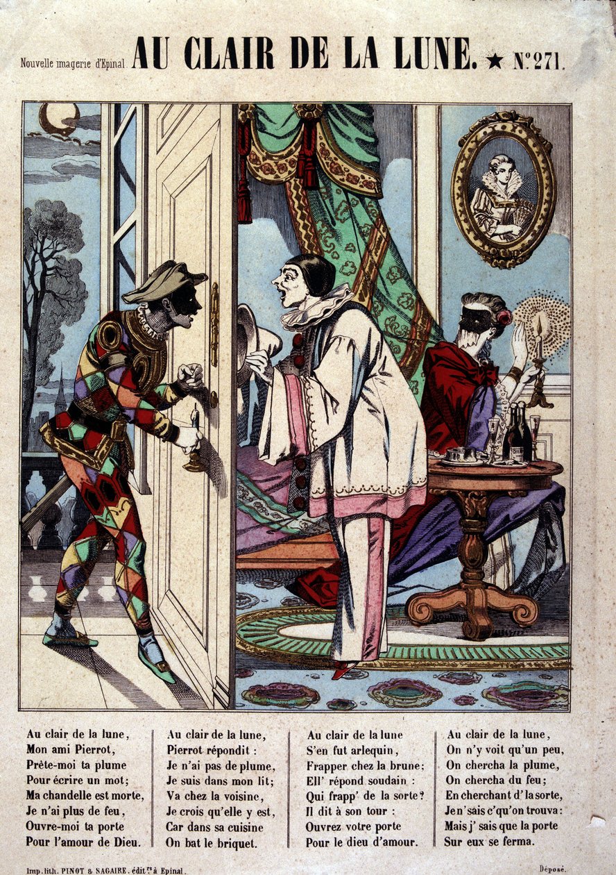 Pierrot, Arlekin i sąsiad, chory. utworu „Au clair de la lune”, wizerunek Epinal autorstwa French School