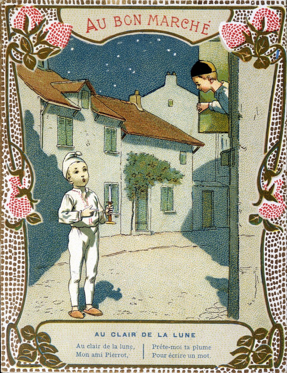 Pierrot ze świecą „Au clair de la lune” – etykieta „Le Bon Marché”” autorstwa French School
