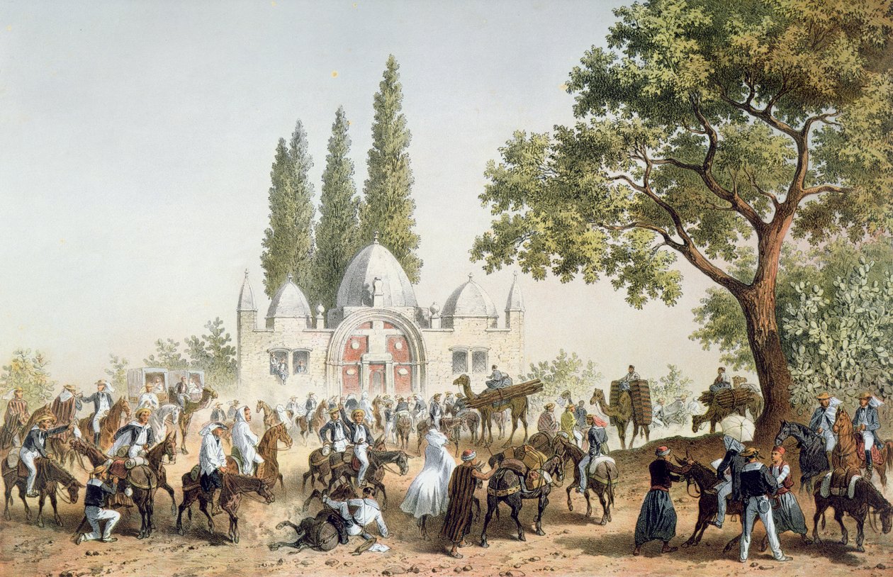 Pielgrzymi zatrzymujący się w Jaffie przy fontannie Sabila Abu Nabut autorstwa French School