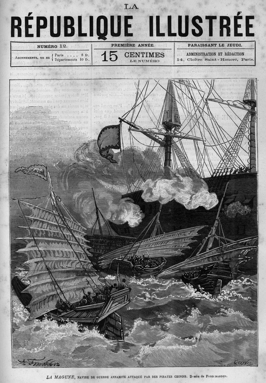 Piractwo: okręt wojenny Annamite „La Magune” zaatakowany przez chińskich piratów. Gazeta. Rycina z 1880 r. w prywatnej kolekcji „La republique illustree”. autorstwa French School