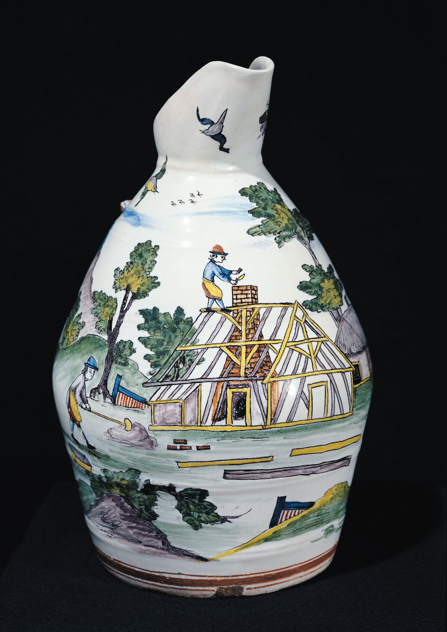 Dzban przedstawiający budowę budynku, Sinceny, ok. 1740-50 (fajans) autorstwa French School