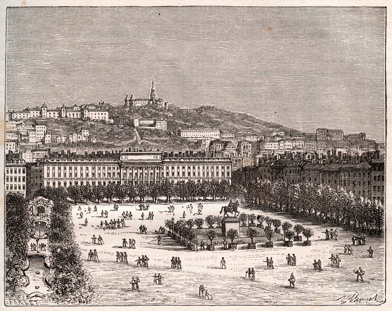 Place Bellecour lub Place Louis-le-Grand - największy plac w Lyonie - rycina w „La France illustrée: geografia, historia, administracja statystyczna” autorstwa V.-A. Słodowy Brąz. 1884 autorstwa French School