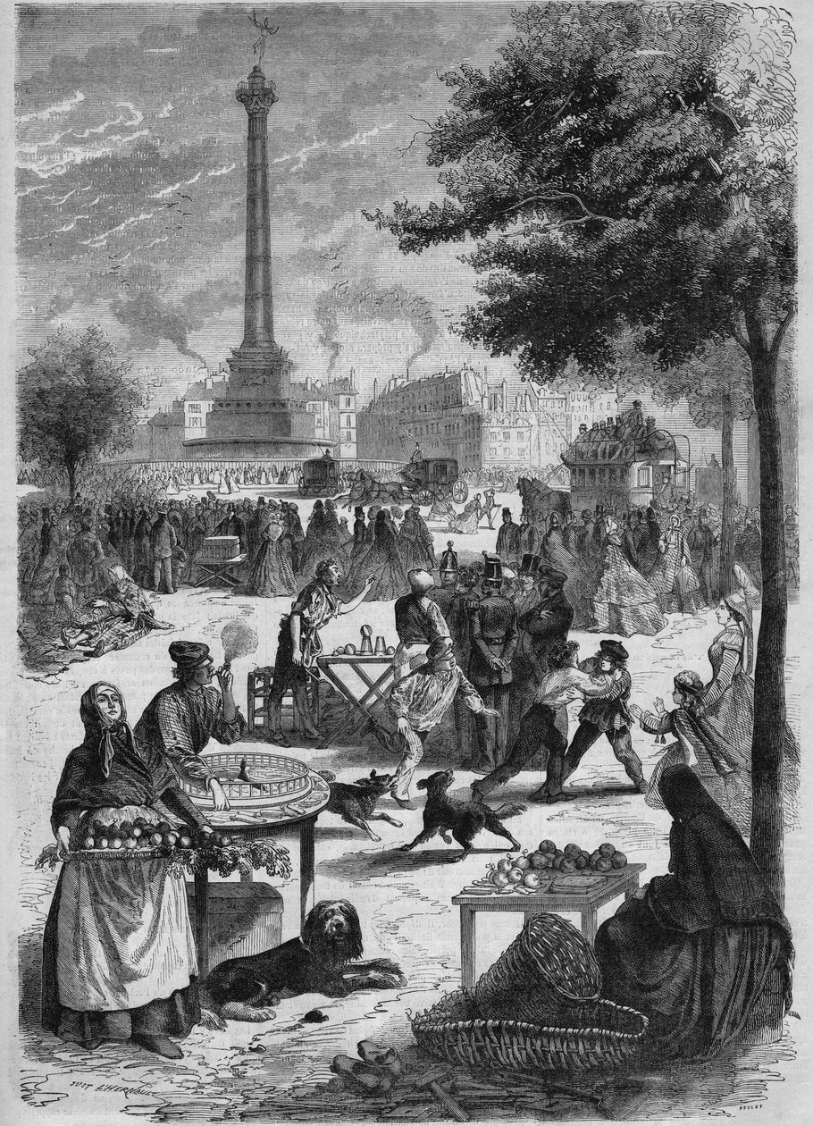 Place de la Bastille w niedzielę we wrześniu. Grawer wg szkicu Pignarda z 1865 roku. autorstwa French School