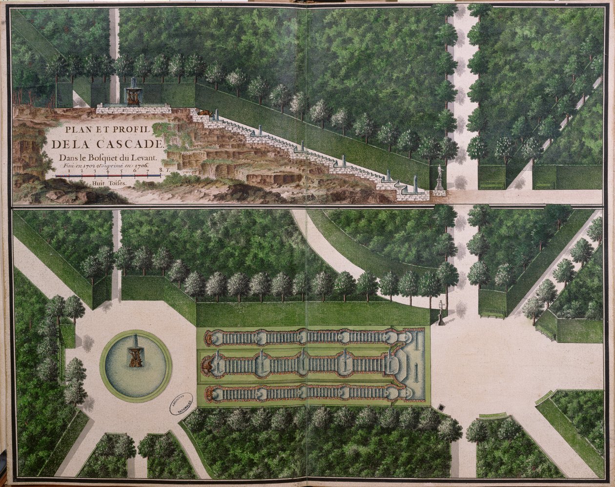 Plan i przekrój kaskady w gaju Lewantu, z Gardens at Marly, początek XVIII wieku (wc na papierze) (zob. też 174228) autorstwa French School