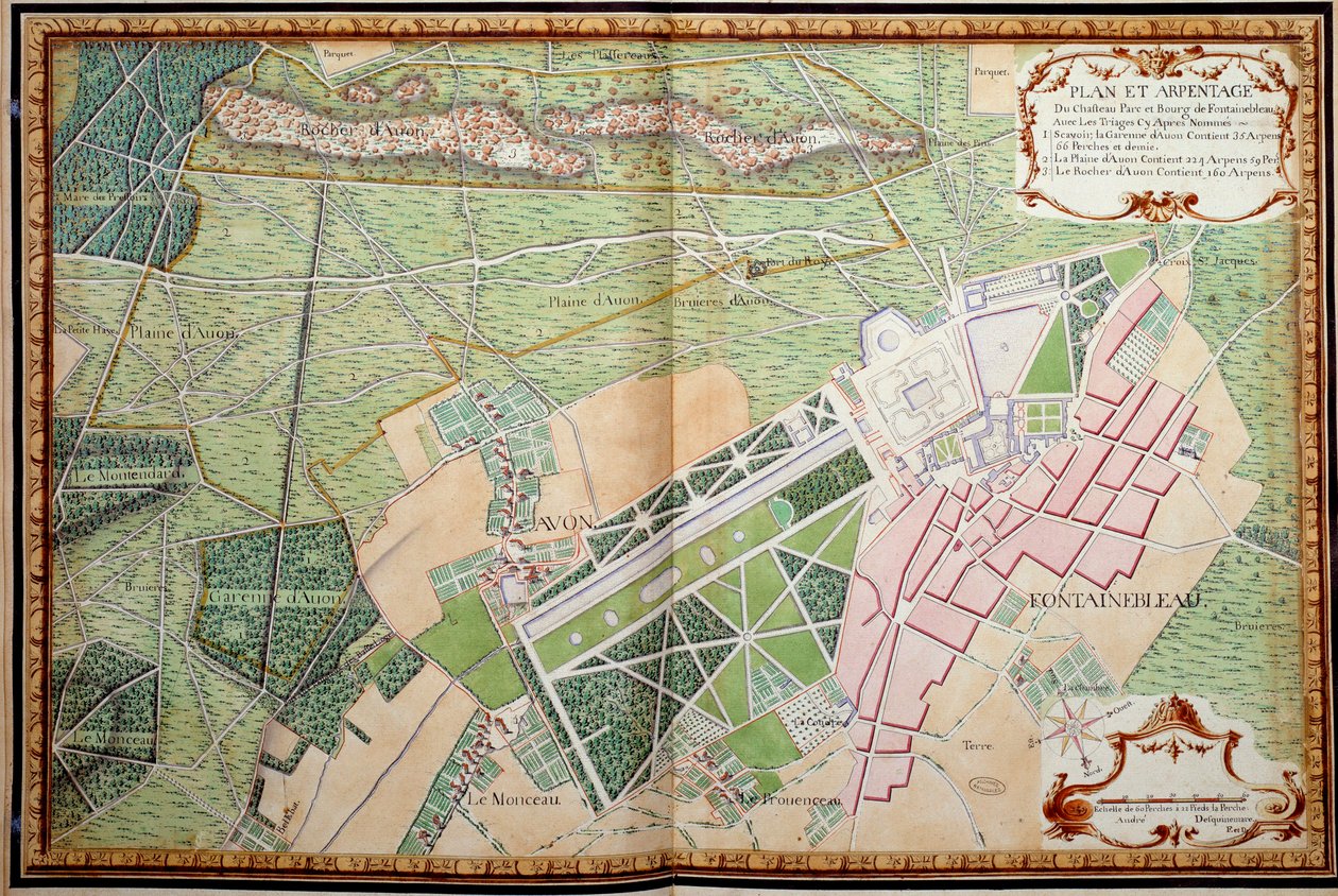 Plan i przegląd zamku, parku i wioski Fontainebleau autorstwa French School