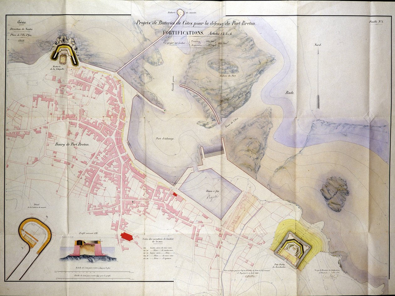 Plan budowy baterii przybrzeżnych do obrony portu Breton w 1848 roku. autorstwa French School