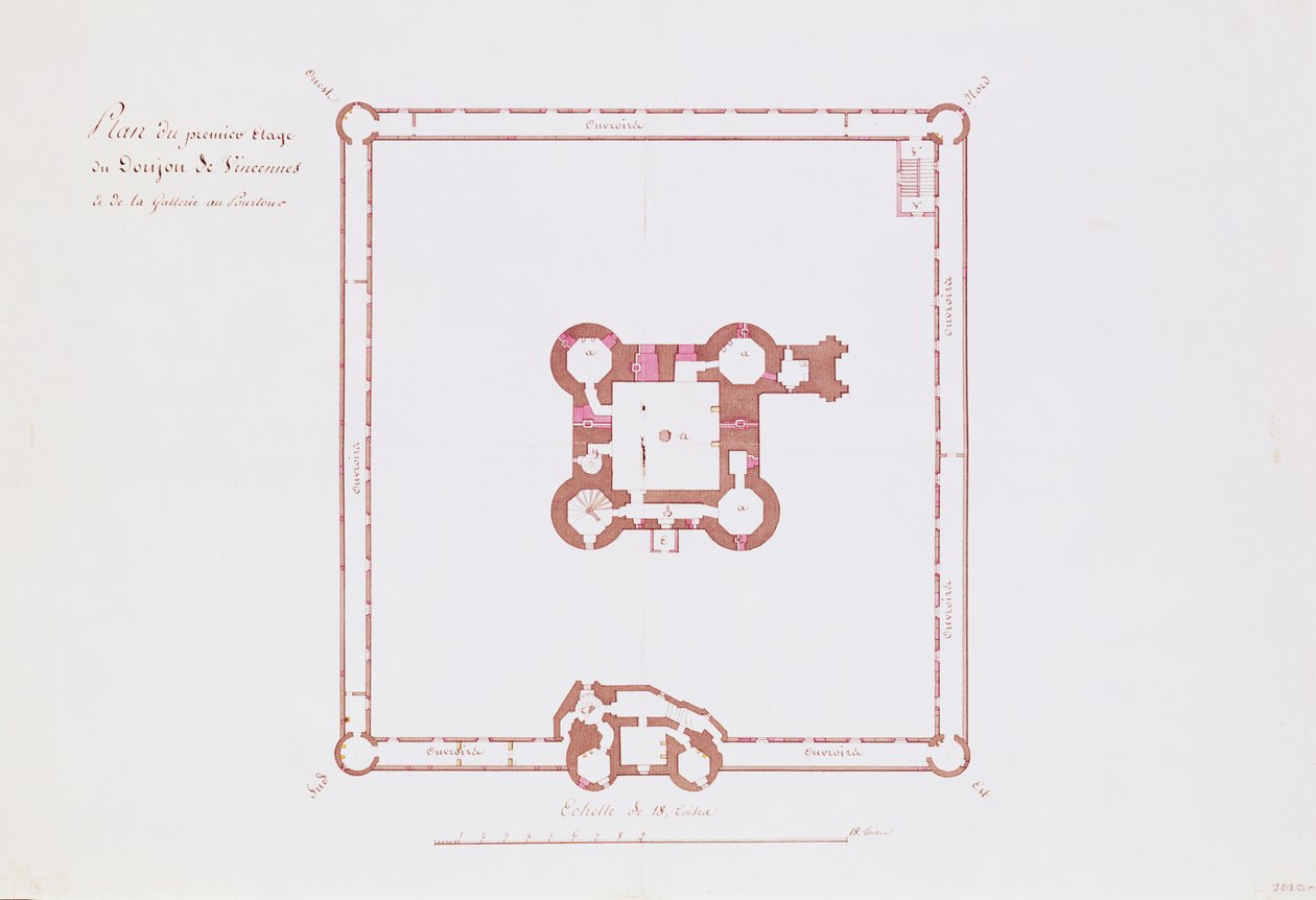Plan pierwszego piętra Donjon w Vincennes, 1810 (pióro i atrament na papierze) autorstwa French School