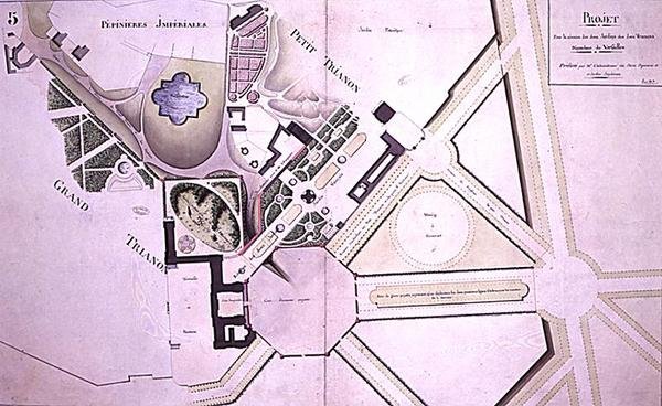 Plan z „Projektu połączenia dwóch ogrodów dwóch Trianonów” w Wersalu, lipiec 1808 (pióro i atrament oraz akwarela na papierze) autorstwa French School