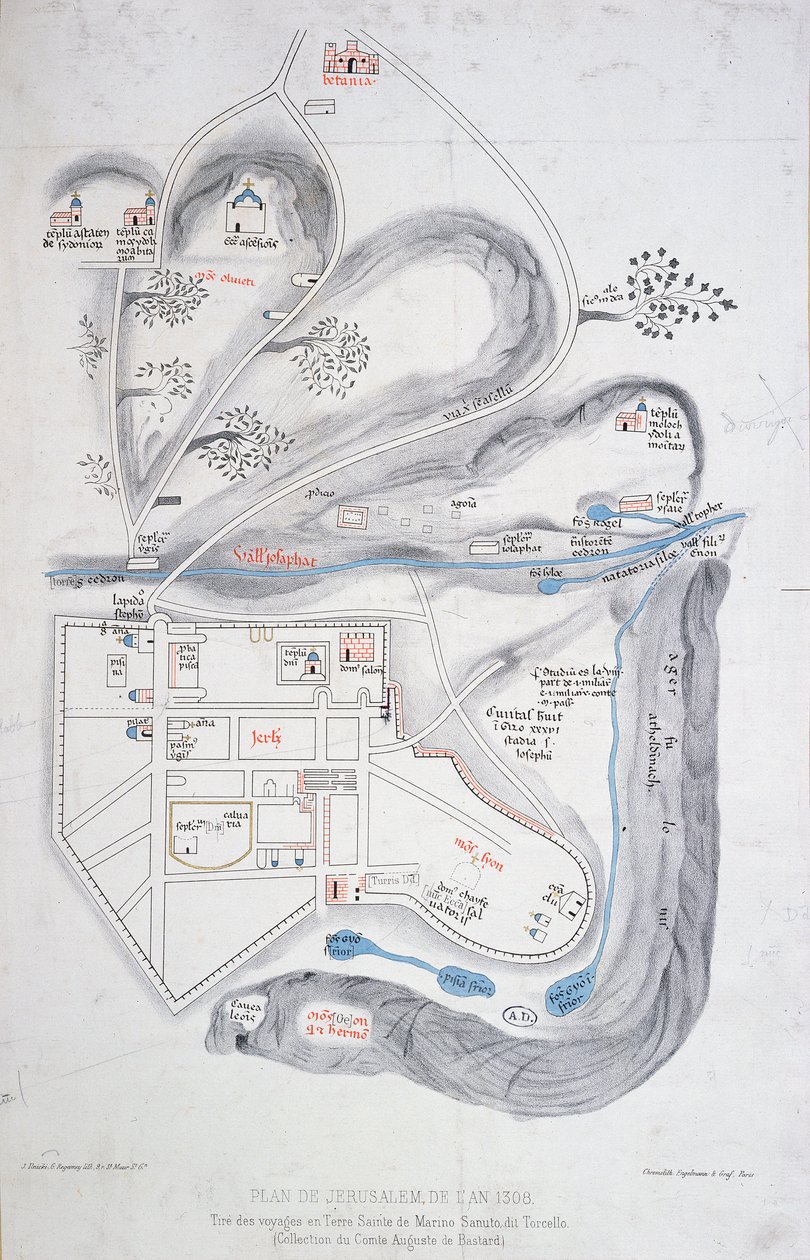 Plan Jerozolimy w 1308 r., ilustracja z faksymilowej edycji Liber de Expedition Terrae Sanctae autorstwa Marino Sanuto di Torcello (ok. 1260-1338) autorstwa French School