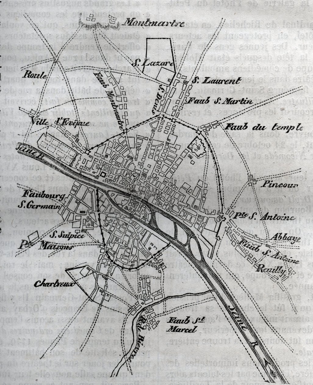 Mapa Paryża pod panowaniem Henryka III (1580) Grawerowanie w „”Fizycznej, obywatelskiej i moralnej historii Paryża: od najwcześniejszych czasów historycznych do współczesności”” Jacques Antoine Dulaure autorstwa French School