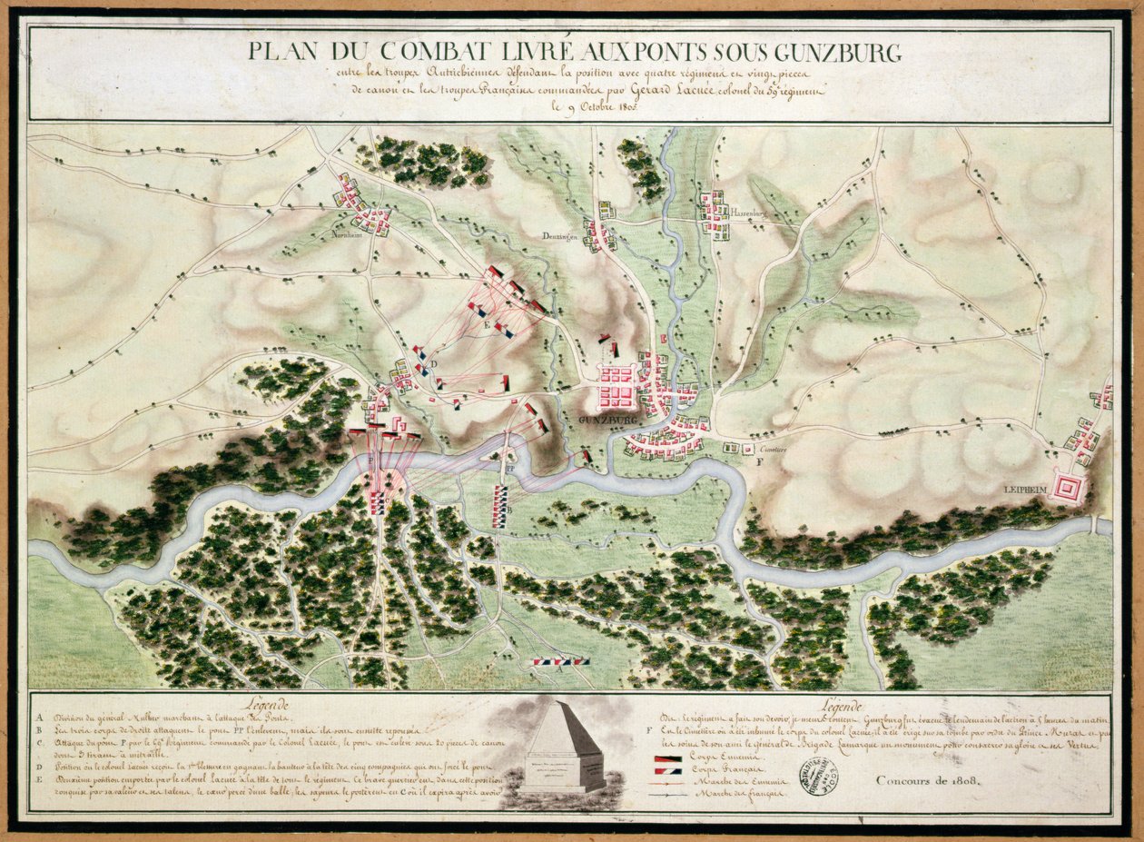 Plan wydarzeń w bitwie pod Gunzburgiem pomiędzy wojskami austriackimi i francuskimi w 1805, 1808 autorstwa French School