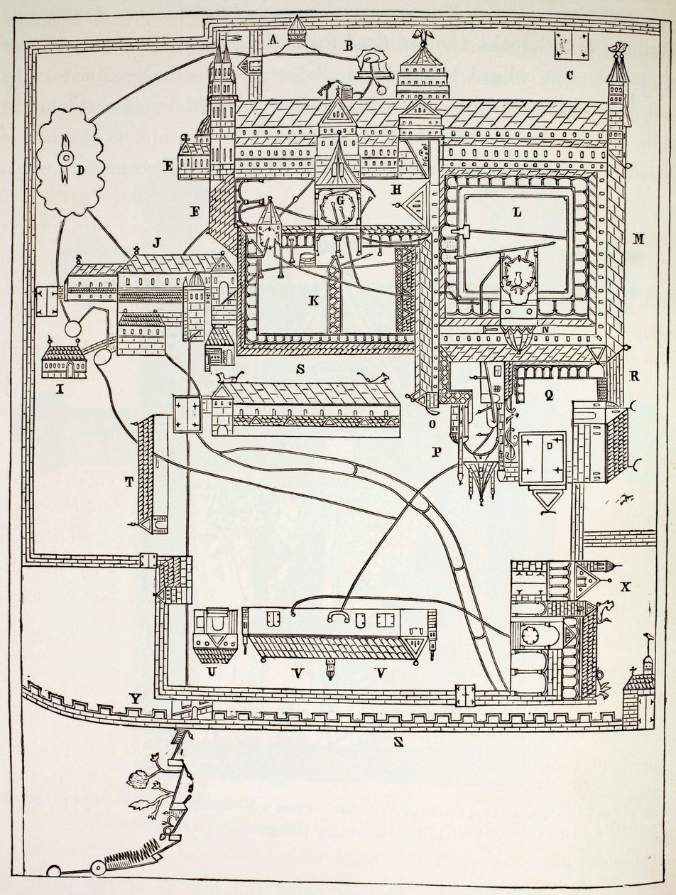 Plan klasztoru benedyktynów w Canterbury w XII wieku, z życia wojskowego i religijnego w średniowieczu autorstwa Paula Lacroix, opublikowany w Londynie ok. 1880 r. autorstwa French School