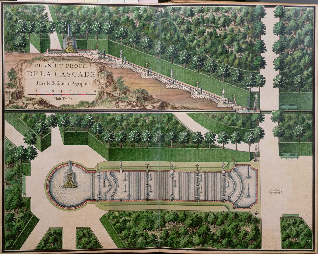 Plan kaskady w gaju Agrypina, z Ogrodów w Marly, początek XVIII wieku (wc na papierze) (patrz także 163976) autorstwa French School