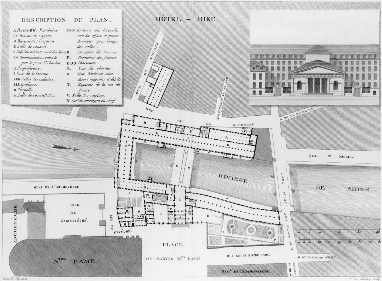 Mapa Hotel-Dieu, Paryż, ilustracja z Description des Hopitaux de Paris, rytowana przez Jacques Etienne Thierry (1750-1832) według Bessat, 1808 autorstwa French School