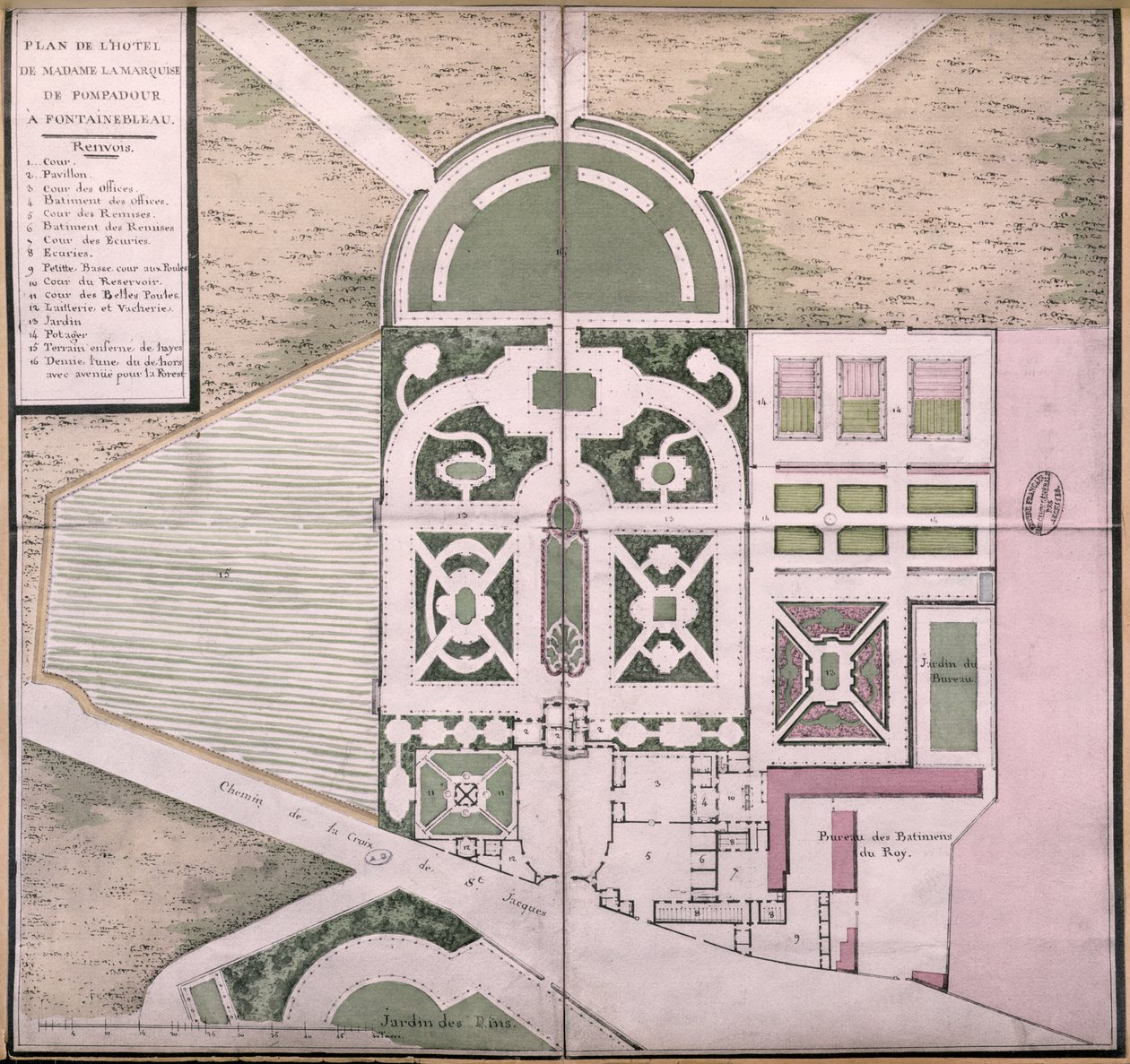Plan hotelu Madame de Pompadour w Fontainebleau (kolor grawerowany) autorstwa French School