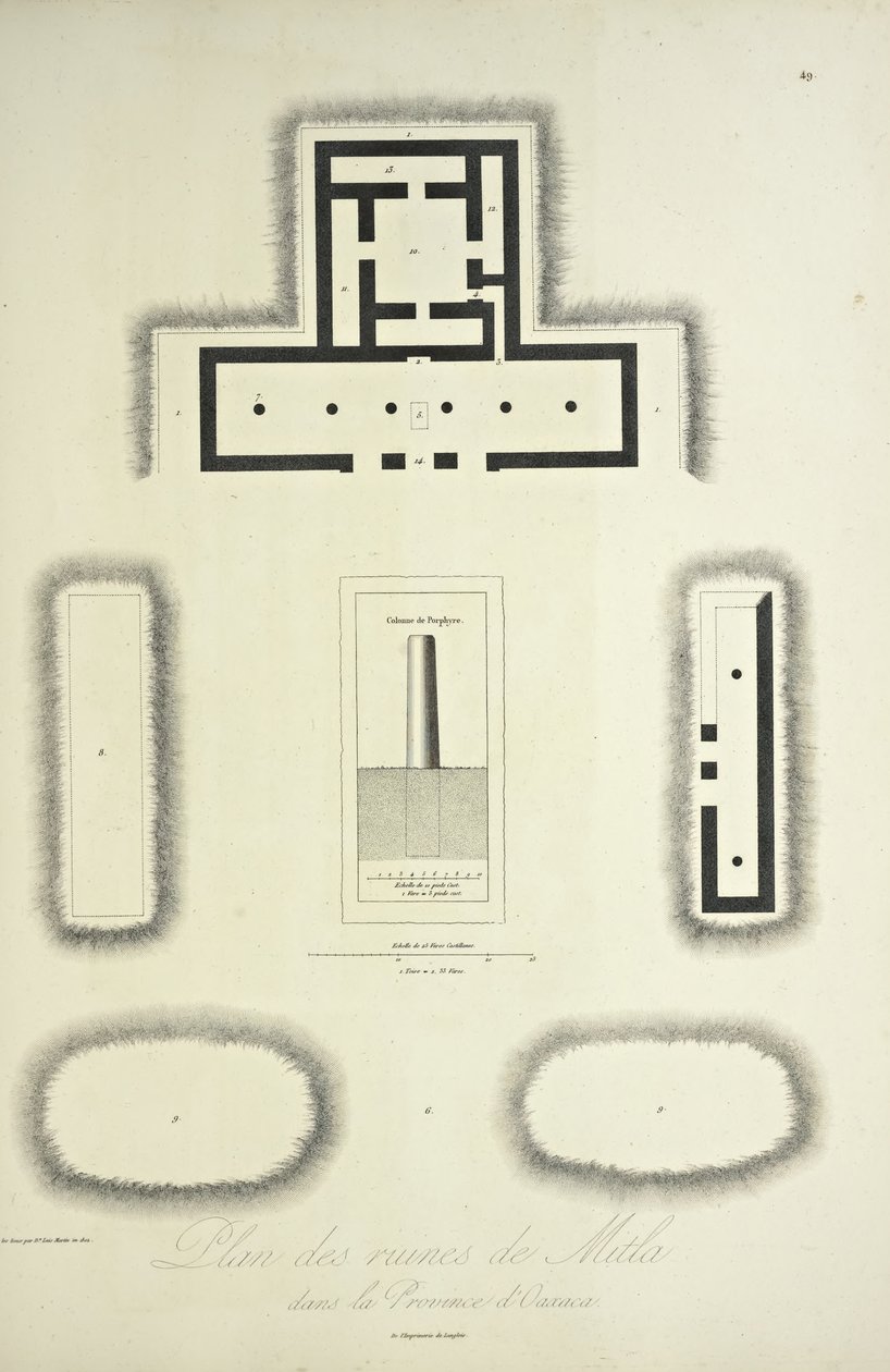 Plan ruin Mitla w prowincji Oaxaca, ilustracja z „Widoków Kordylierów i pomników ludów tubylczych Ameryki” autorstwa Alexandra von Humboldta i Aime Bonpland autorstwa French School