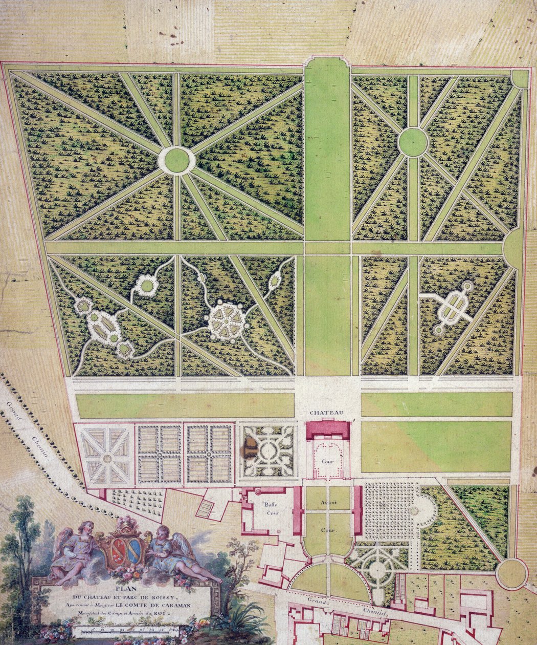 Plan zamku i parku w Roissy, należącego do hrabiego de Caraman (pióro i atrament i toaleta na papierze) autorstwa French School