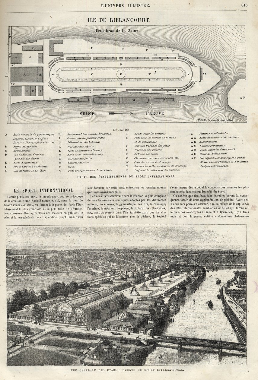 Plan założenia Międzynarodowego Sportu, który musi powstać na wyspie Billancourt w 1869 r. - ogólny widok na międzynarodowego sportu na wyspie Billancourt w 1869 r. autorstwa French School