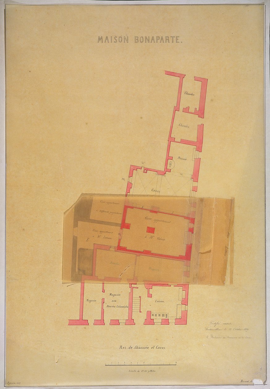 Plan parteru i piwnic domu w Ajaccio na Korsyce, gdzie urodził się Napoleon Bonaparte (1769-1821), 1837 autorstwa French School