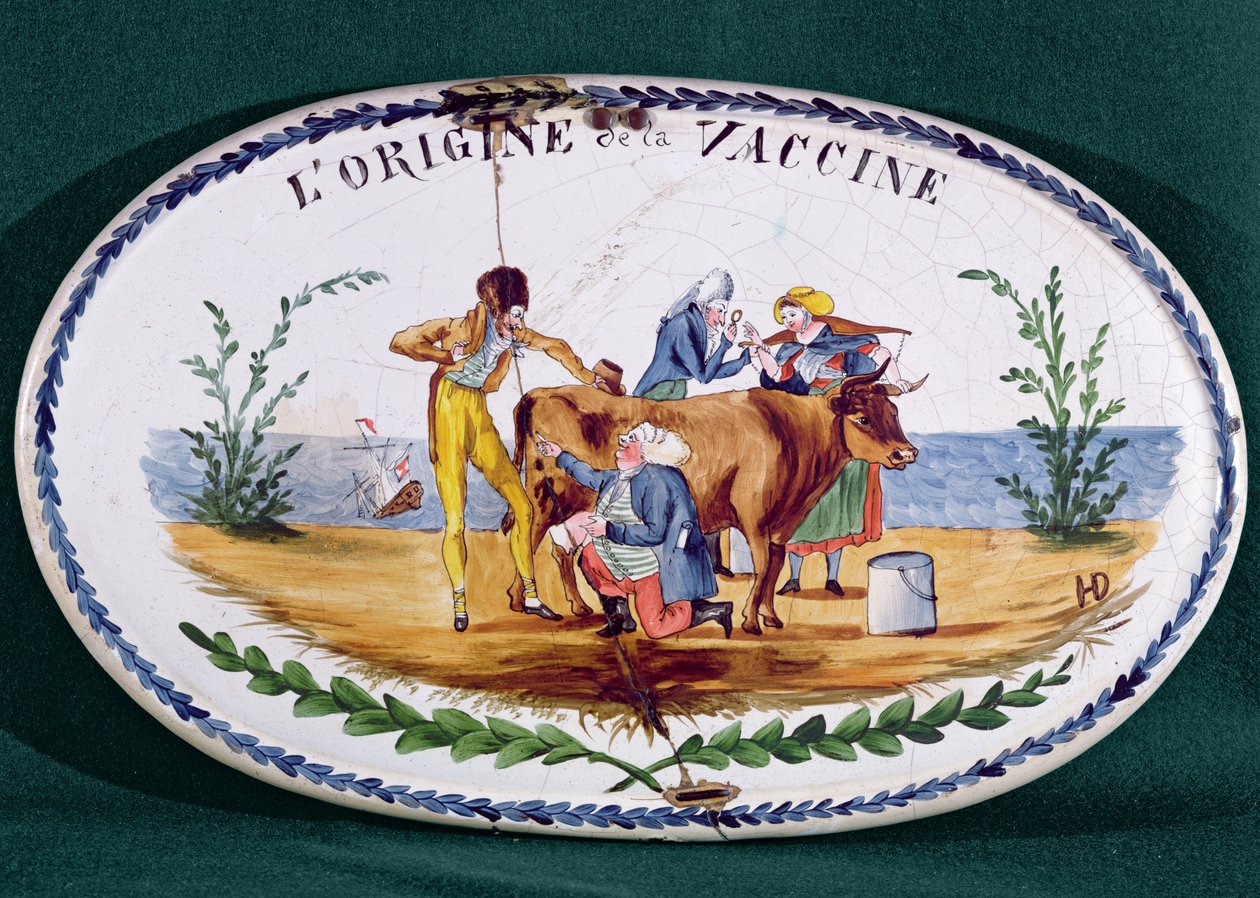 Tablica przedstawiająca Powstanie szczepień, koniec XVIII w. (ceramika szkliwiona) autorstwa French School