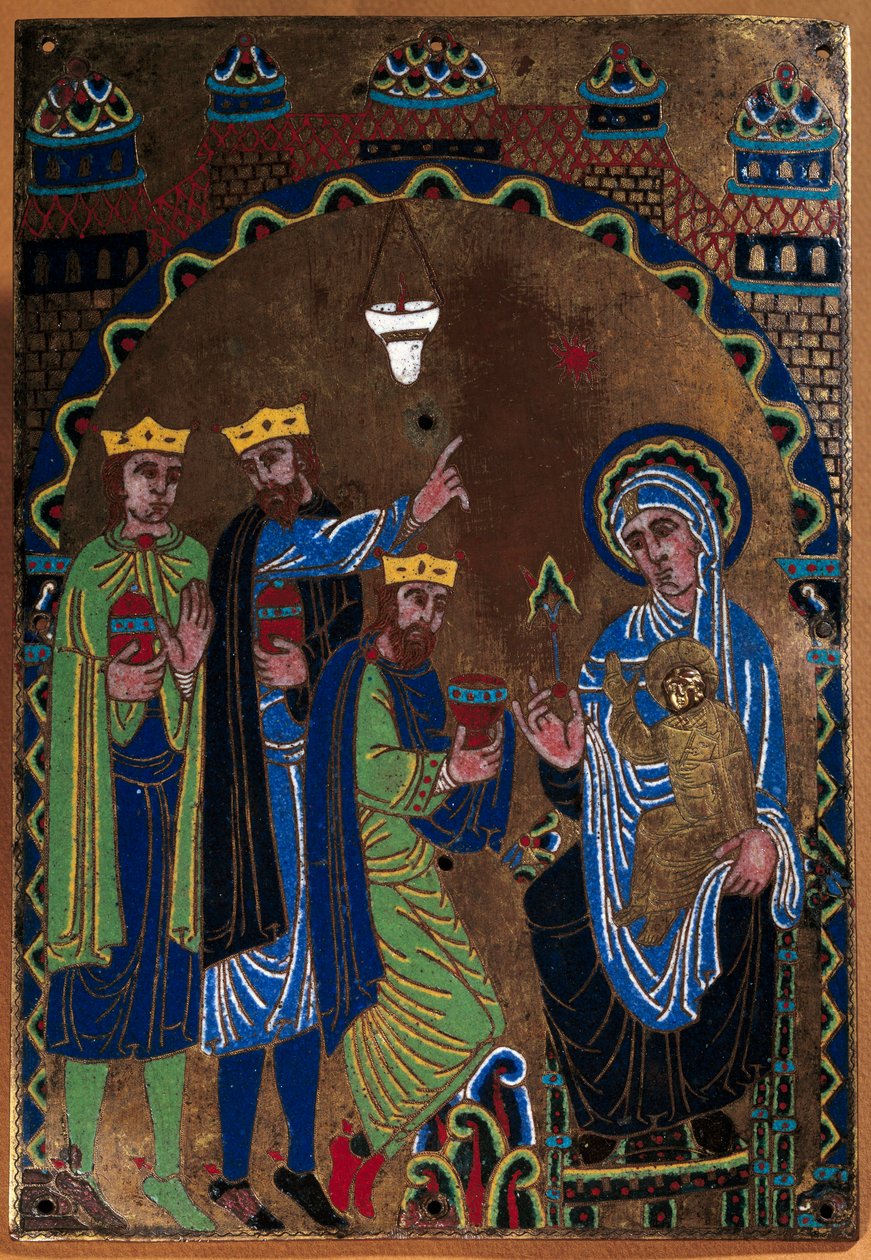 Tablica ołtarza głównego opactwa Grandmont: Pokłon Trzech Króli. Emalia dore i dłuto na miedzi. 1275-1300. Z Limoges. Paryż, Narodowe Muzeum Średniowiecza, Thermes de Cluny autorstwa French School