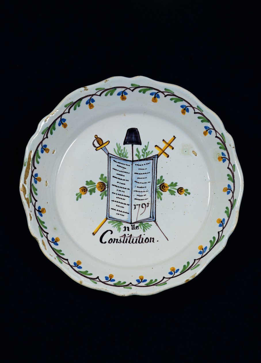 Talerz zdobiony Księgą Konstytucji, związany z Trzema Zakonami, 1791 (ceramika) autorstwa French School