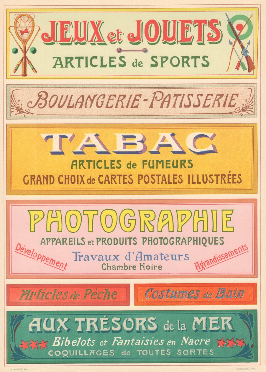 Tabliczka nr 20: Modele oznakowania dla malarza liter w stylu Art Nouveau (Gry i zabawki, Piekarnia-Patisserie, Tytoń, Fotografia). autorstwa French School
