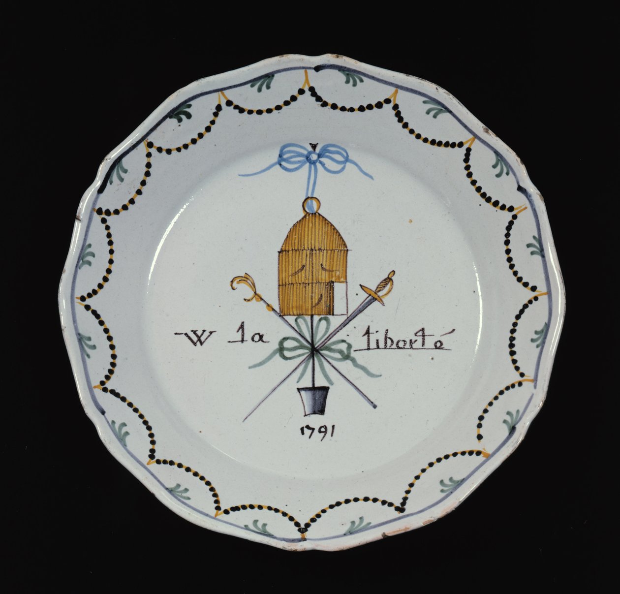 Talerz z otwartą klatką dla ptaków i legendą Vive la Liberte, 1791 (ceramika) autorstwa French School