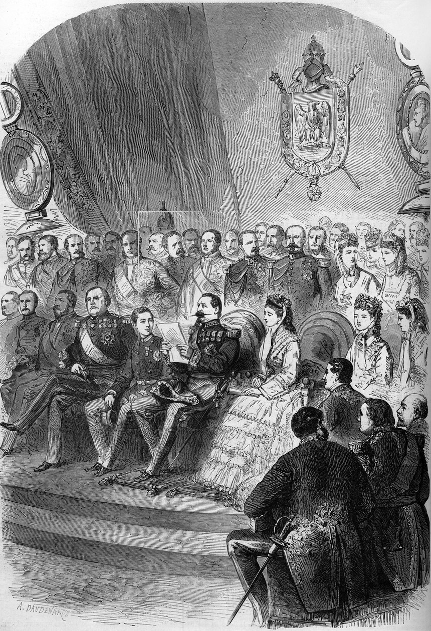 Plebiscyt 1870: wręczenie oficjalnej deklaracji wyników Napoleonowi III (1808-1883). Obecni są także cesarz Eugenia de Montijo (1826-1920), jej syn książę Imperial (1856-1879), księżniczki Matylda Bonaparte (1820-1904) i Clo autorstwa French School