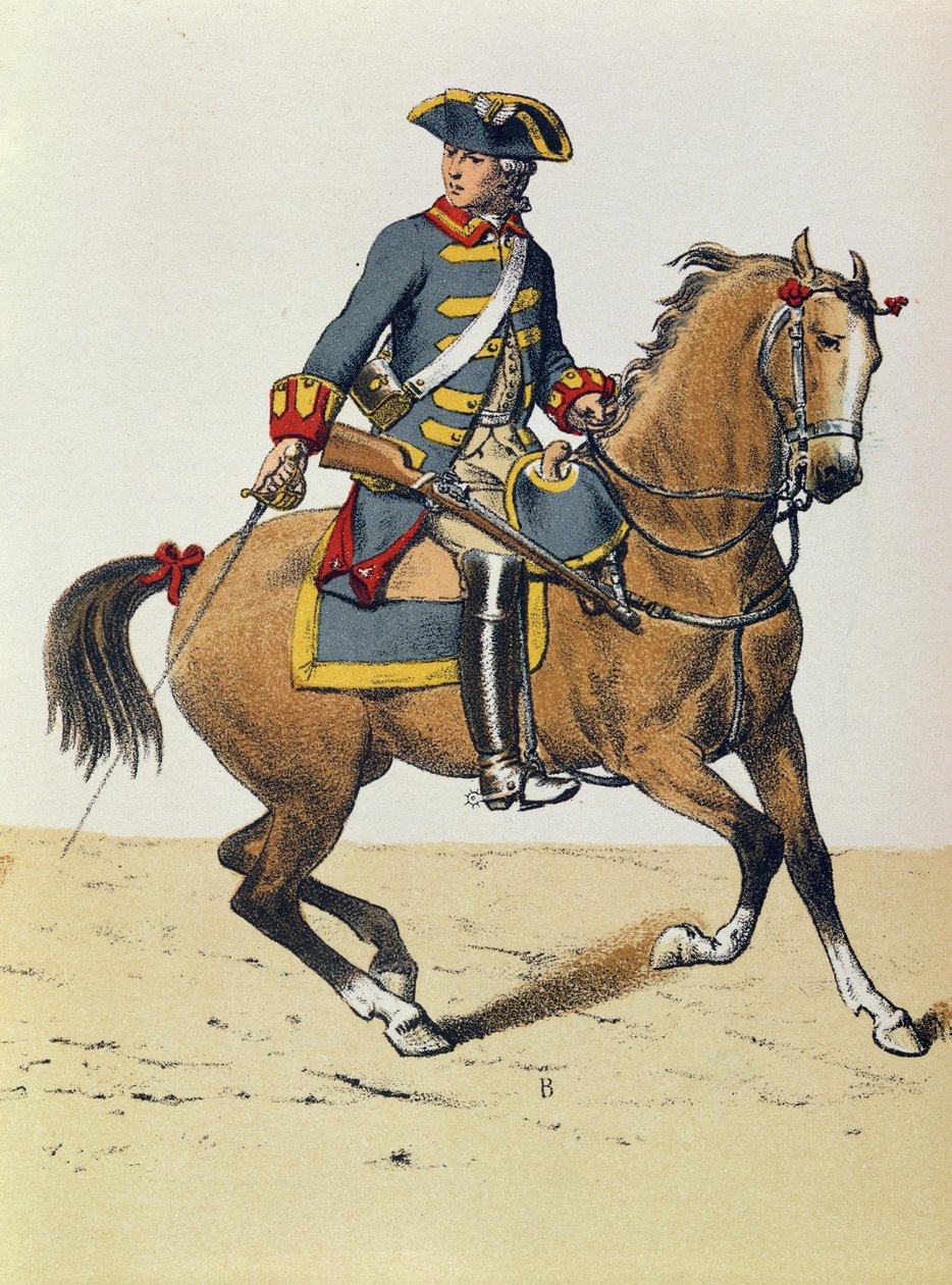Policjant z ok. 1750 na koniu, XIX w. (kolorowe grawerowanie) autorstwa French School