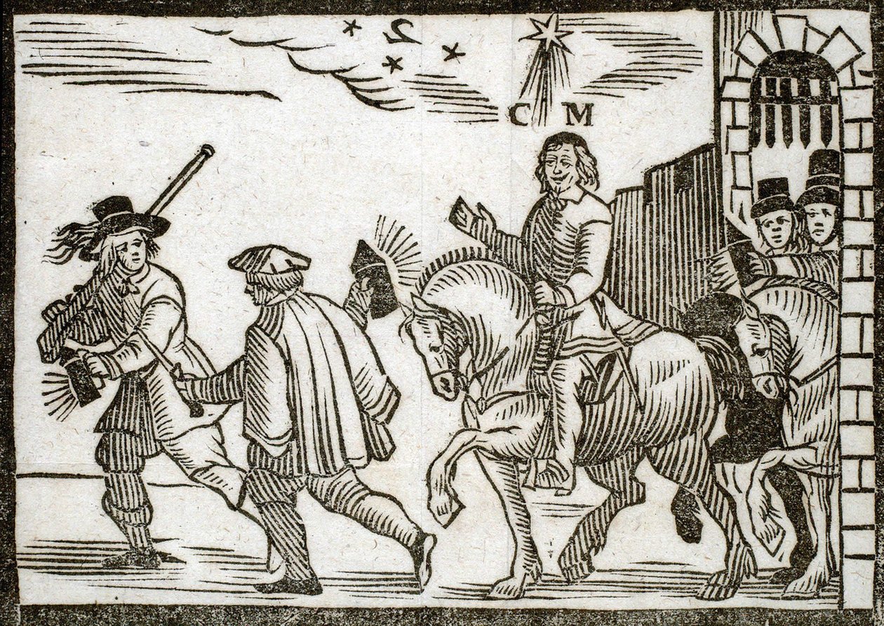Broszury polityczne Mazarinade: Mazarin ucieka konno z Paryża w środku nocy, poprzedzony dwoma lokajami niosącymi latarnie. Grawerowane drewno 1651 autorstwa French School