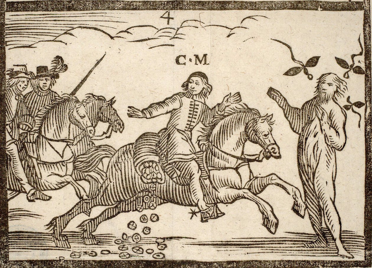 Broszury polityczne Mazarinade: Mazarin w swoim locie spada ecu: cień Concini, marszałka Anchor, stoi przed nim. Grawerowane drewno 1651. autorstwa French School