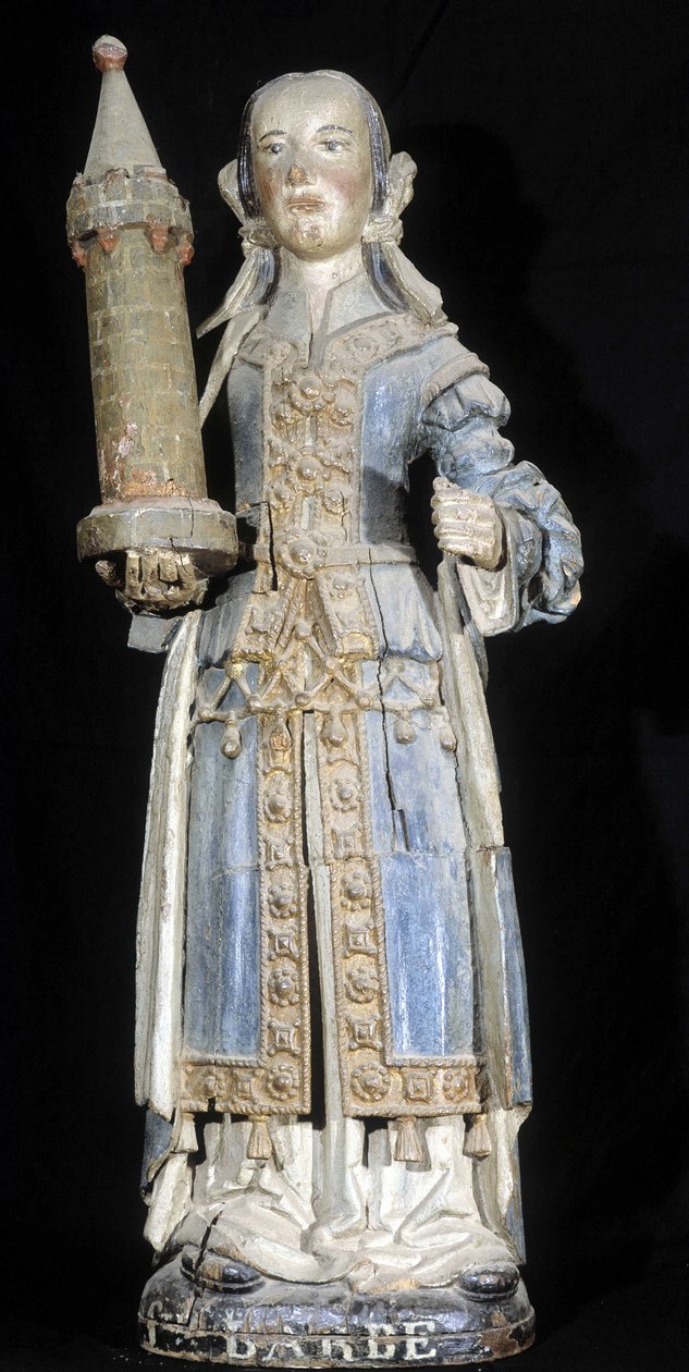 Polichromowana rzeźba z drewna przedstawiająca św. Barbe (koniec XVI w.), zachowana w Muzeum Dinan. autorstwa French School