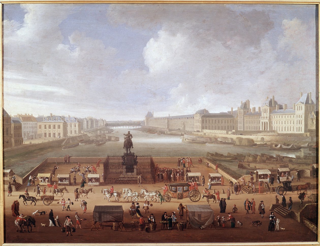 Pont-Neuf, Paryż, widziany od wejścia do Place Dauphine, ukazujący 4 Nations College, Quai Malaquais i Luwr (olej na płótnie autorstwa French School