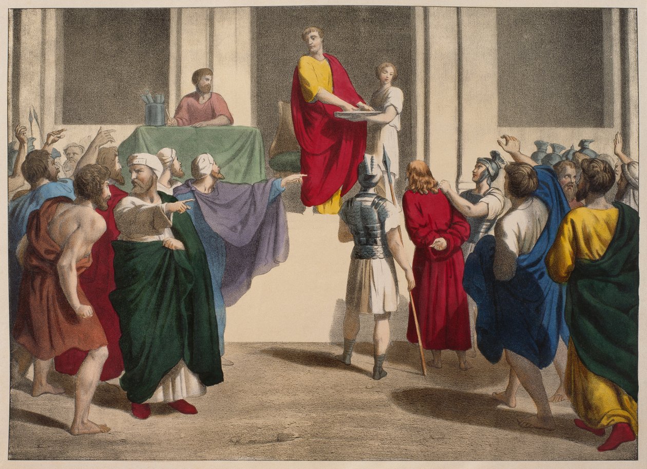 Poncjusz Piłat myjący ręce przed Jezusem, ilustracja z katechizmu LHistoire Sainte, wyd. Charles Delagrave, Paryż, koniec XIX w. autorstwa French School