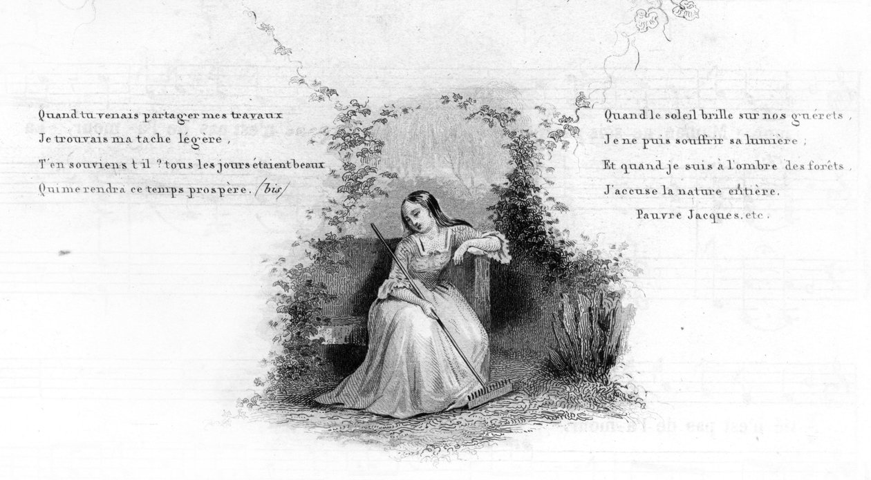 Biedny Jacques. Dziewczyna sama siedzi na ławce, trzymając grabie. Grawerowanie w „”Piosenkach i popularnych piosenkach Francji””, Tom 2 autorstwa French School