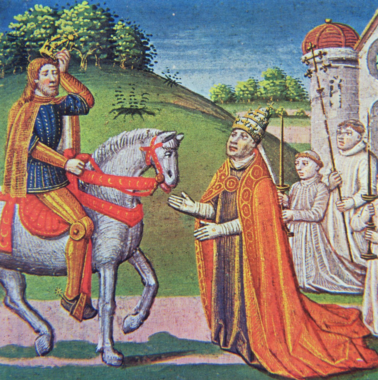 Papież Adrian I spotyka Karola Wielkiego, miniatura z „Kronik Francji”, wyd. A.Verard, Paryż autorstwa French School