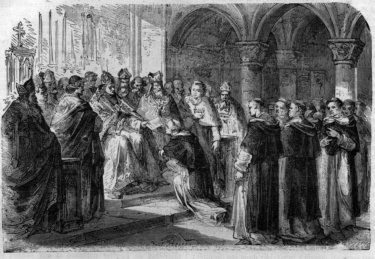 Papież Adrien II (792-872) przekazał jednemu ze swoich legatów bańkę ekskomuniki przeciwko Lordowi Normandowi. Grawer w „Histoire des Papes-Rois-Queen and Empereurs a travers les Century” Maurice Lachatre autorstwa French School