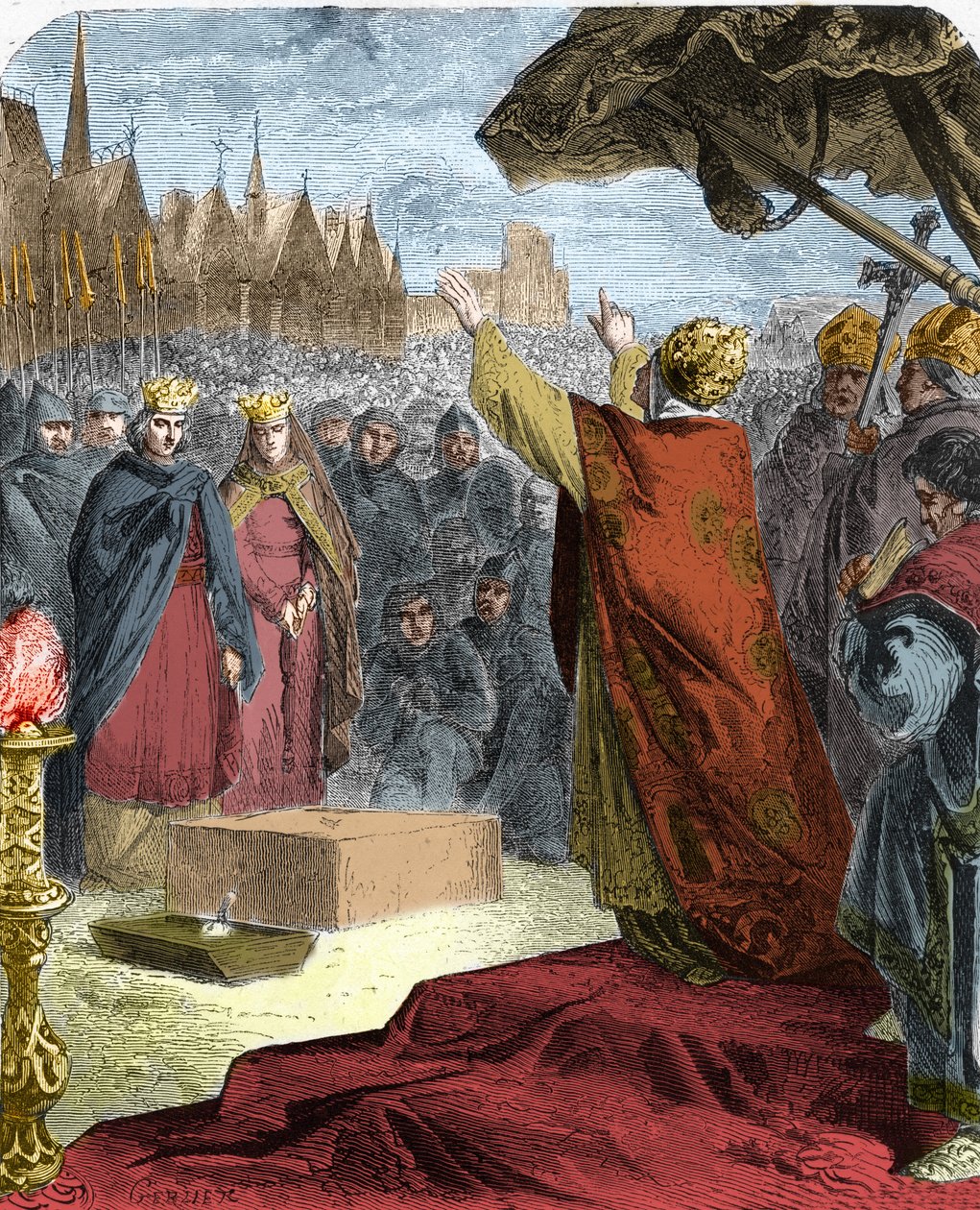 Papież Aleksander III (Orlando Bandinelli) (Alessandro III) położył w 1163 roku pierwszy kamień katedry Notre Dame de Paris (Notre-Dame) w obecności króla Francji Ludwika VII i eveque Maurice de Sully. autorstwa French School