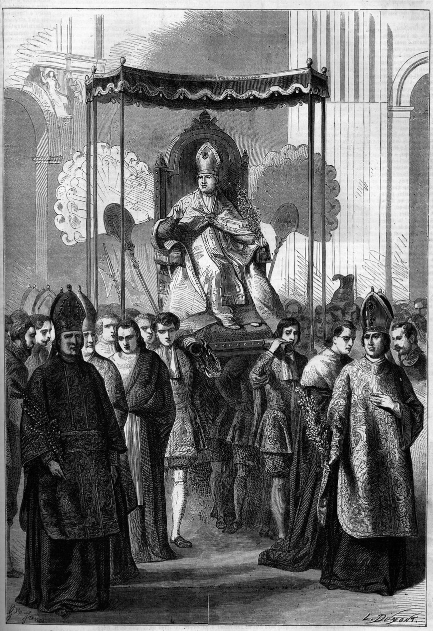 Papież Pius IX (1792-1878) prowadzi procesję do kościoła św. Piotra w Rzymie (Włochy) w Niedzielę Palmową w 1861 roku. Grawer „”Le Monde Illustré” n°209 z 13 kwietnia 1861. autorstwa French School