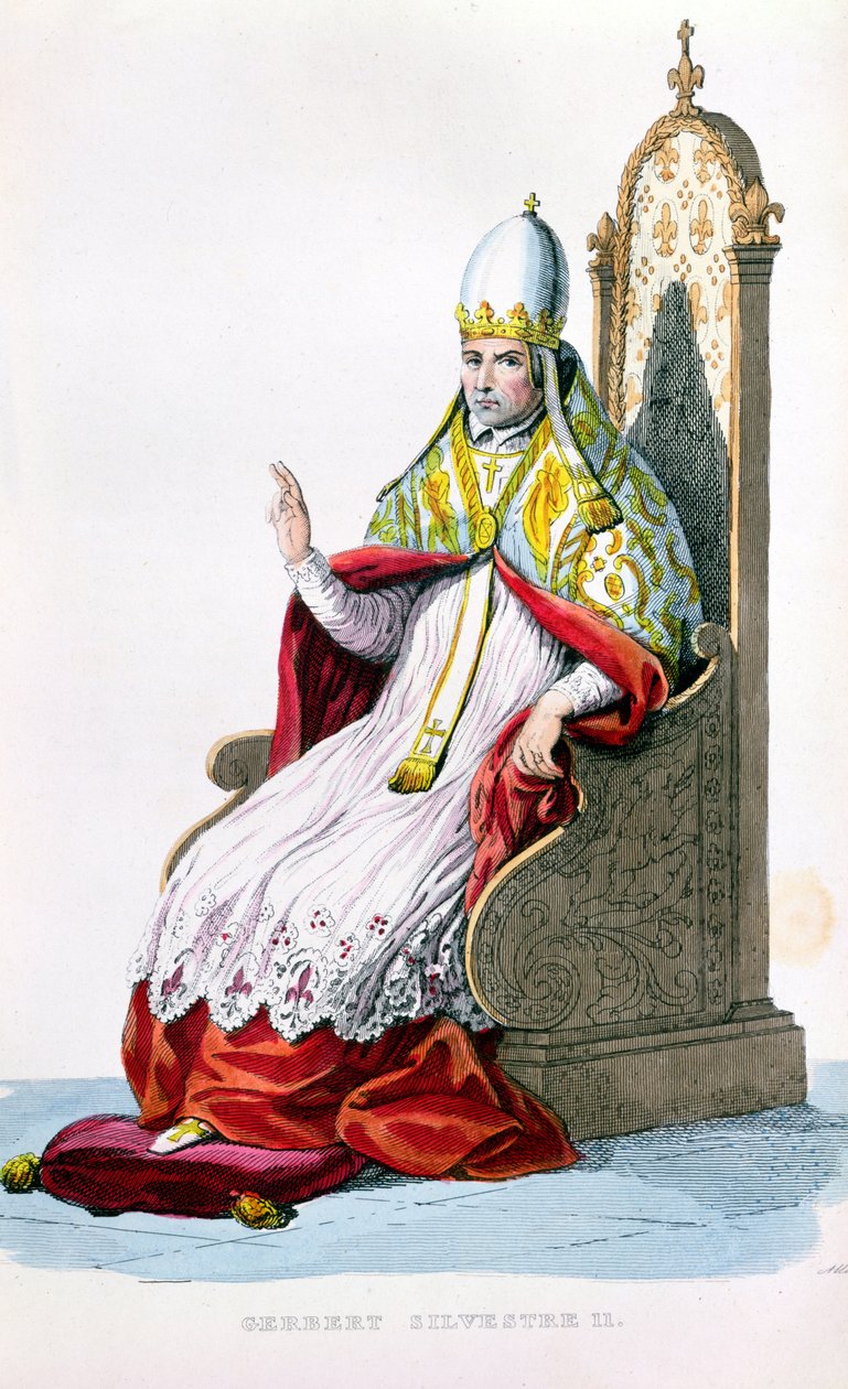Papież Sylwester II, z Le Plutarque Francais E. Mennechet, Paryż, 1835 (kolorowe grawerowanie) autorstwa French School