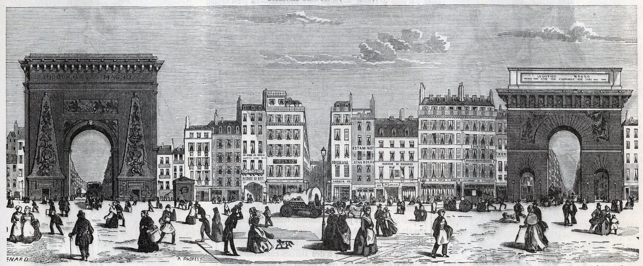 Porte Saint-Denis i rue faubourg Saint Denis - porte Saint Martin i rue faubourg Saint-Martin Grawerowanie w „”Tableau-de-Paris”” Edmonda Texiera (1815-1887) autorstwa French School