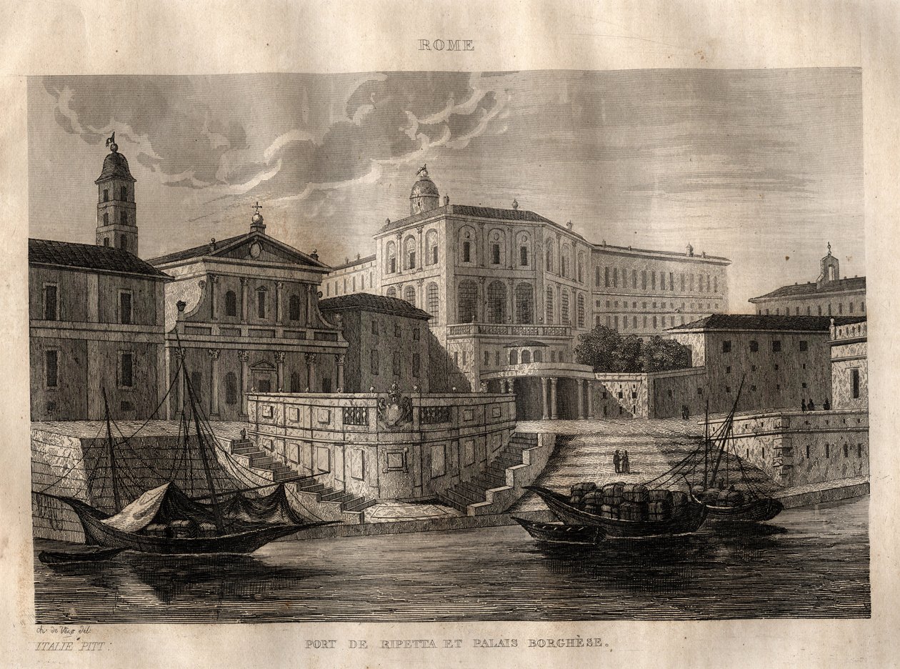 Porto di Ripetta i Palazzo Borghese - Rzym - Rycina z „” Malownicze Włochy” – Historyczne i opisowe malarstwo Włoch” M. de Norvins, Ch. Nodier 1834-1836. autorstwa French School