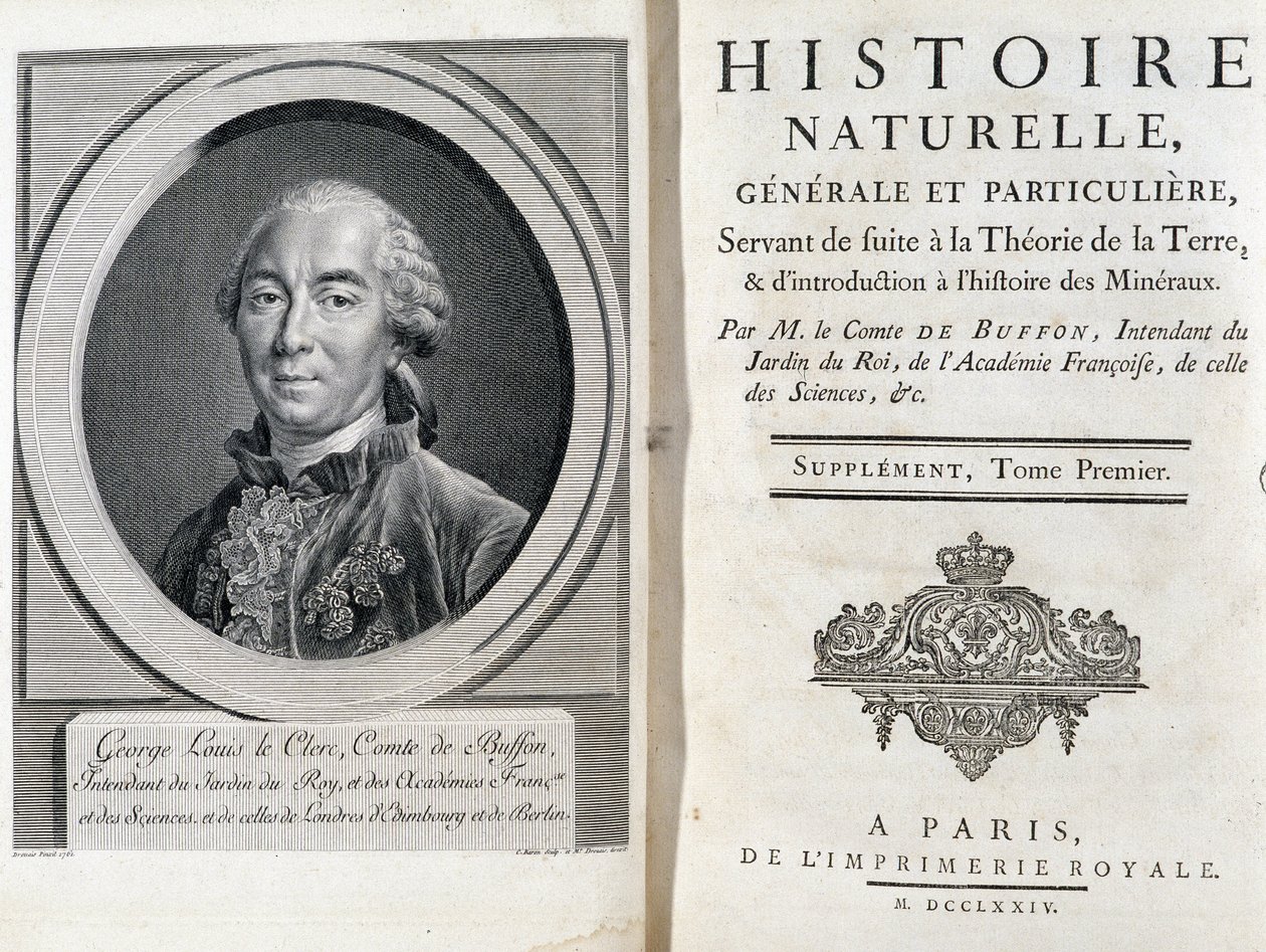 Portret i strona tytułowa „”Historia naturalna, ogólna i szczególna”” autorstwa Buffon autorstwa French School