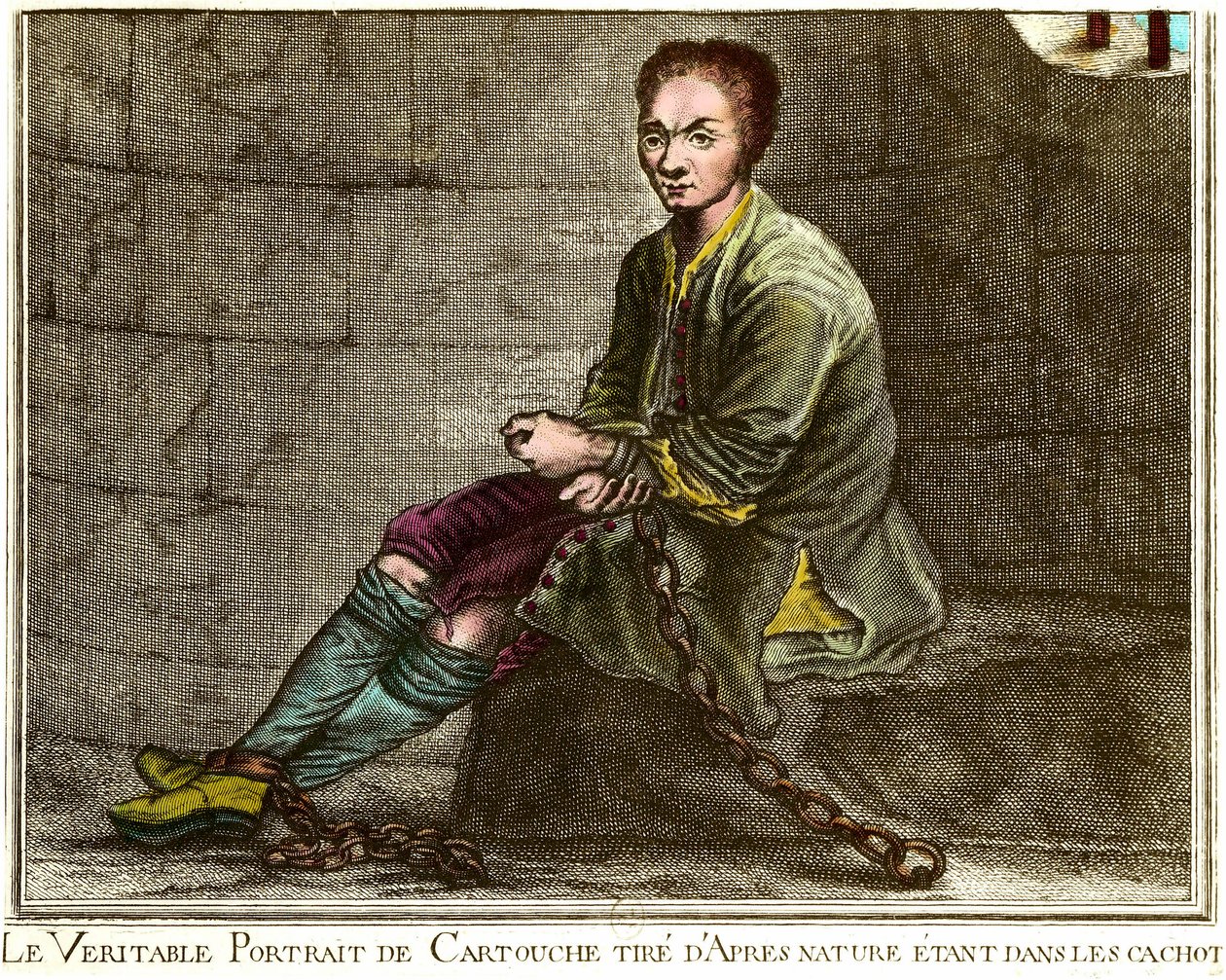 Portret en pied de Louis Dominique Cartridge (1693-1721), francuski bandyta w swoim lochu Grawerowanie XVIII wieku Prywatna kolekcja autorstwa French School