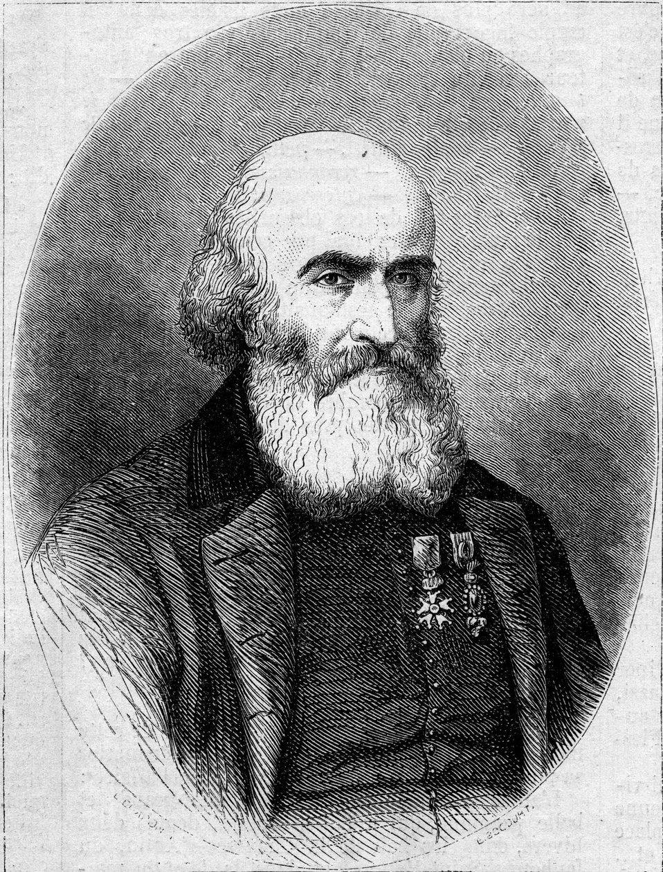 Portret opata Francois Bourgade (1806-1866), Chamoniera kaplicy św. Ludwika w Kartaginie (Tunezja). Grawer w „”Le Monde Illustré””n°251 z 1 lutego 1862 r. autorstwa French School