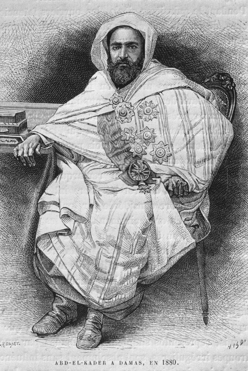 Portret Abd el-Kadera w Damaszku w 1880 (1808-1883), z dzisiejszej Syrii. Podróżuje po Fenicji, Libanie i Judei. 1875-1880 Louis Charles Emile Lortet, 1884 (bw grawerowanie) autorstwa French School