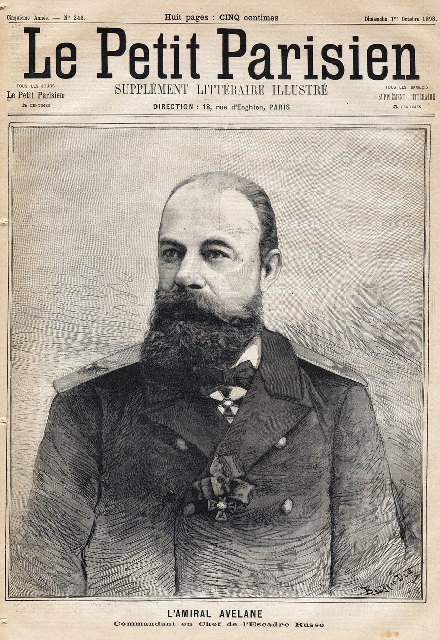 Portret admirała Avelane dowódcy eskadry rosyjskiej. Jedna z gazet „Le Petit Parisien”” z dnia 1.10.1893 r. autorstwa French School