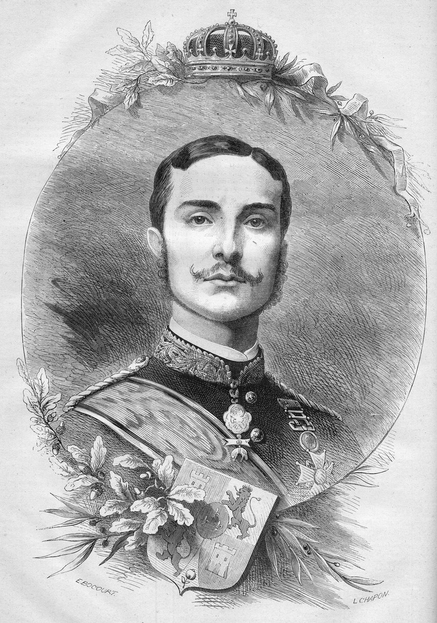 Portret Alfonsa XII (Alfonsa) (1857-1885), króla Hiszpanii. Grawer w „Le Monde Illustré” nr 1085 z 19 stycznia 1878 r. autorstwa French School